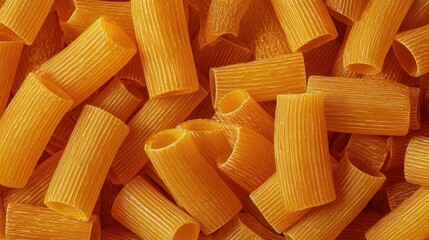 Close-up seamless texture of uncooked golden rigatoni pasta, ready for cooking.