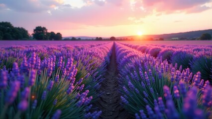 Fototapeta premium Serene Sunset over a Lavender Field, Rows of Purple Blossoms Bathed in Golden Light