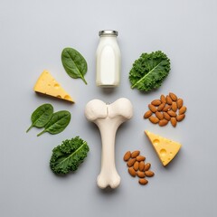 Flat lay photo of model bone surrounded by calcium-rich foods like milk and cheese, promoting bone health and World Osteoporosis Day