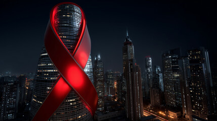 Obraz premium Mani che tengono il simbolo rosso di lotta contro l'aids. Nastro rosso. Segno internazionale di solidarietà con le persone affette da HIV/AIDS e simboleggia la lotta contro la malattia.