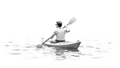 Man kayaking on calm water in minimalistic black and white  