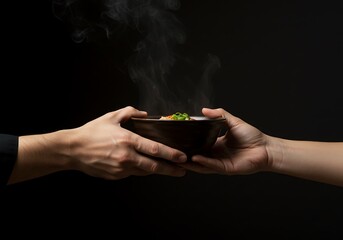 Hands passing bowl of hot food with steam against black background