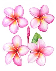 Four pink plumeria flowers and a leaf, arranged on a white background