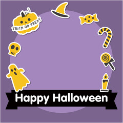 ハロウィンのポップな黄色のアイコンと紫色のフレーム 文字入り黒のリボンバナー