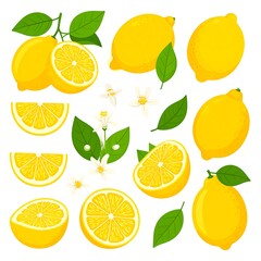 A vibrant collection of lemons, showcasing whole fruits, sliced segments, blossoms, and leaves against a stark white backdrop