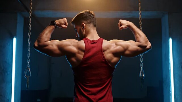Performing back strength training on rings. Muscular athlete pulls chain to build muscle. Intense workout focuses on upper body exercise. Industrial gym setting creates moody neon training atmosphere.