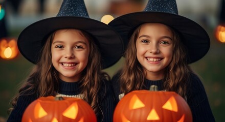 Halloween delight! Two adorable girls in witch hats smile with jack-o'-lanterns. Perfect for family-friendly Halloween promotions, costume ads, or fall events.