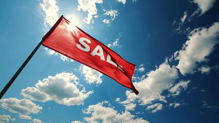 Bright red SALE flag whipping in a blue sky breeze, bold retail concept that shouts discount, clearance and limited offer, perfect background for promotions, ecommerce banners and attention grabbing a