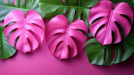 Striking Contrast of Surreal Pink and Lush Green Monstera Leaves in a Modern Botanical Flat Lay