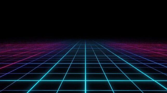 Dynamic neon grid perspective plunges into infinite digital cyberspace with vibrant blue and pink glowing lines