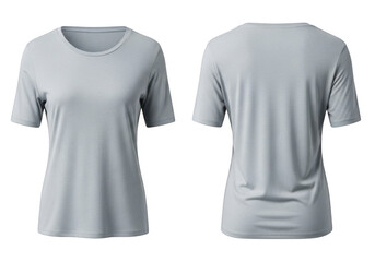Front and back views of a gray crew neck tshirt for women isolated on transparent background, ideal for displaying apparel designs