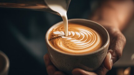 Art of Latte: Close-up of a barista pouring milk artfully into a cup of coffee, creating a swirling, photorealistic design and adding a touch of elegance to the aromatic drink.