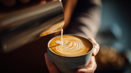 Artistry in a Cup: A close-up shot of a barista skillfully pouring steamed milk into a freshly brewed coffee, creating intricate latte art that's both visually appealing and inviting.