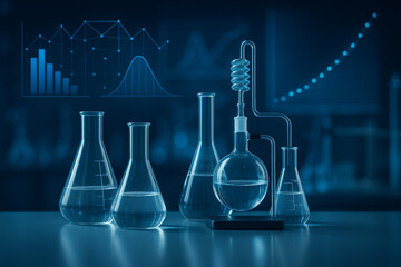 AI generated futuristic science laboratory with glass beakers distillation apparatus digital data graphics symbolizing precision research innovation and technology in a clean professional environment