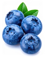 Close-up of four fresh blueberries, vibrant blue, with green leaves