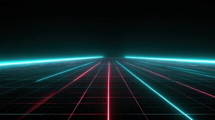 Immerse yourself in a vibrant neon digital grid stretching infinitely into a dark, futuristic cyberspace horizon, perfect for tech and gaming themes.