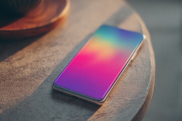 Digital Rainbow: A sleek, modern smartphone, displaying a vibrant rainbow gradient on its screen, rests elegantly on a natural wooden surface, showcasing the integration of technology and design.