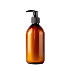 Amber glass bottle with black pump dispenser, containing a light beige liquid.  Clean, minimalist design