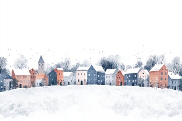 Fototapeta premium Snow frost town building border illustration village winter.