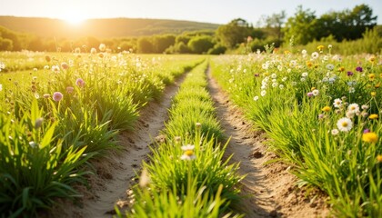 Sunlit grassy path through flower fields under clear blue sky  