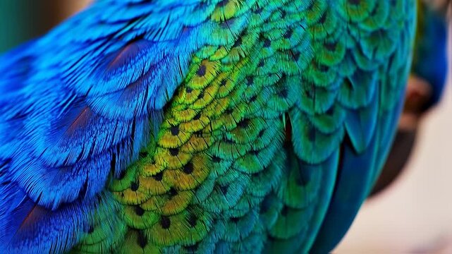 Close-up view of vibrant bird feathers.  Colorful, intricate patterns of  overlapping feathers in shades of blue and green.  Detailed textures and colors of the plumage
