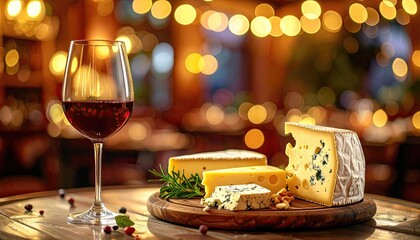 Wine and cheeses on a wooden board in a restaurant