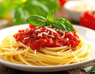 Plate of spaghetti with red tomato sauce, topped with grated cheese and fresh basil