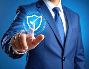 Businessman interacts with a glowing shield graphic