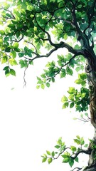 Lush green tree branches and leaves against a white background