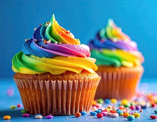 Two rainbow-frosted cupcakes, vibrant colors, sprinkles