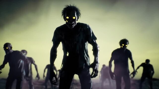 Terrifying zombie horde walking in the dark with glowing eyes at night