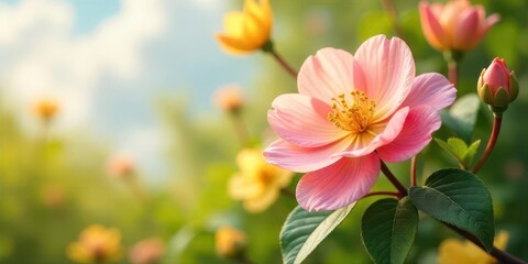 Obraz premium A Delicate Pink Blossom in a Sunlit Garden, Surrounded by Soft Yellow Flowers and Lush Green Foliage, Creates a Serene and Peaceful Natural Scene