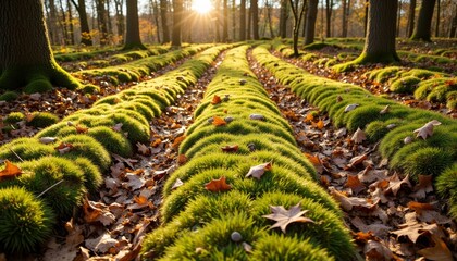 Lush green moss covering forest floor with autumn leaves at sunset  