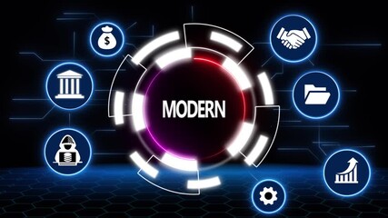 Modern financial technologies and icons on a futuristic digital interface background. - Powered by Adobe