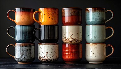 Stacked mugs in various colors and designs