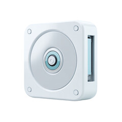 Fototapeta premium Small, square, light-grey device with a circular, recessed, light-blue center and a thin, rectangular slot on the side