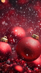 Fototapeta premium Red Christmas ornaments sparkle with falling snow, perfect for a festive holiday greeting.