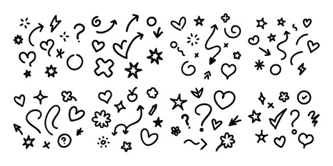 Hand Drawn Doodle Elements Set with Arrows Hearts Stars and Shapes