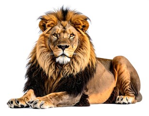 Majestic lion, lying, facing forward, against white
