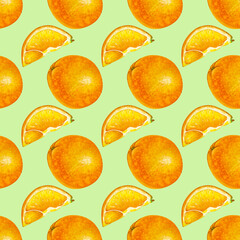 Seamless hand-drawn pattern with juicy oranges. Watercolor illustration on a light green background. Botanical seamless background with bright fruits, whole and pieces. For tableware, packaging