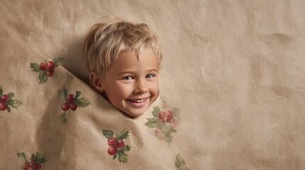 Fototapeta premium Cheerful young boy peeking from brown holiday wrapping paper with holly print, showing joy and warmth on a festive rustic background