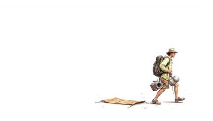 Man hiking with backpack and camping gear on a light background  