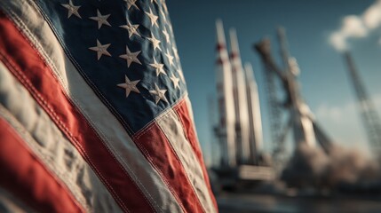 A close-up of the American flag waving proudly in the foreground, with rocket launch pads in the background under a clear blue sky.