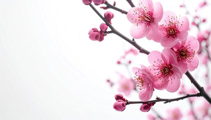Delicate pink blossoms on branches against a bright white background