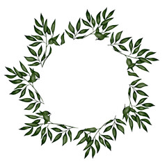 Green leaf wreath, watercolor drawing with thin branches like dried plants on white background. Perfect for wedding invitations, greeting cards, eco logos, packaging and seasonal decor.