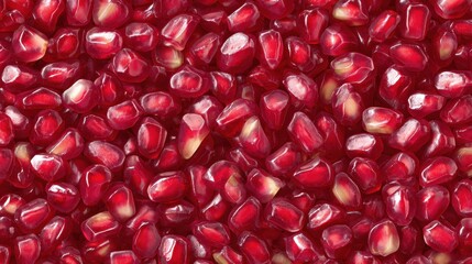 Vivid red pomegranate seeds with visible translucent kernels, creating a healthy and fresh texture.