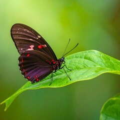 Fototapeta premium Close-up of a dark-colored butterfly with reddish spots perched on a vibrant green leaf. Blurred, out-of-focus background emphasizes the subject