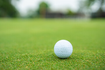 Close up of a white golf ball resting on a well-manicured green fairway.