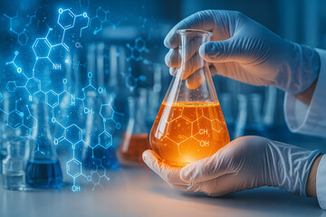 AI generated futuristic science lab scene showing glowing orange chemical flask with digital molecular graphics symbolizing innovation research technology and scientific precision