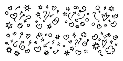 Hand Drawn Doodle Elements Set with Hearts Arrows Stars and Question Marks